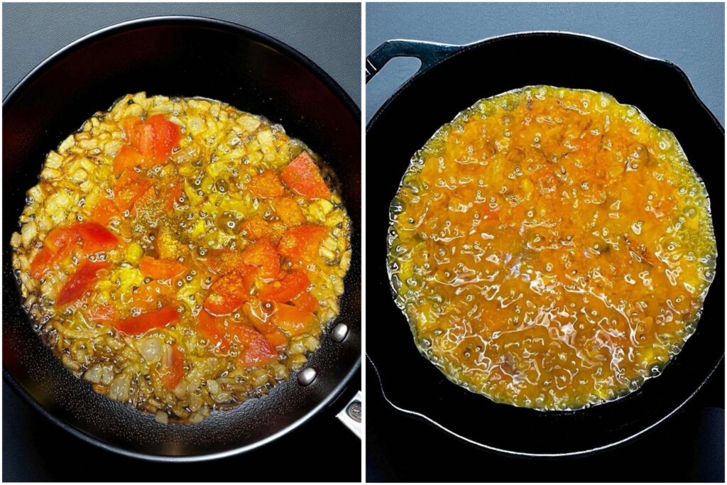 A black frying pan with lightly golden sautéed onions and vibrant red tomatoes, showcasing the cooking process of Chana Masala.