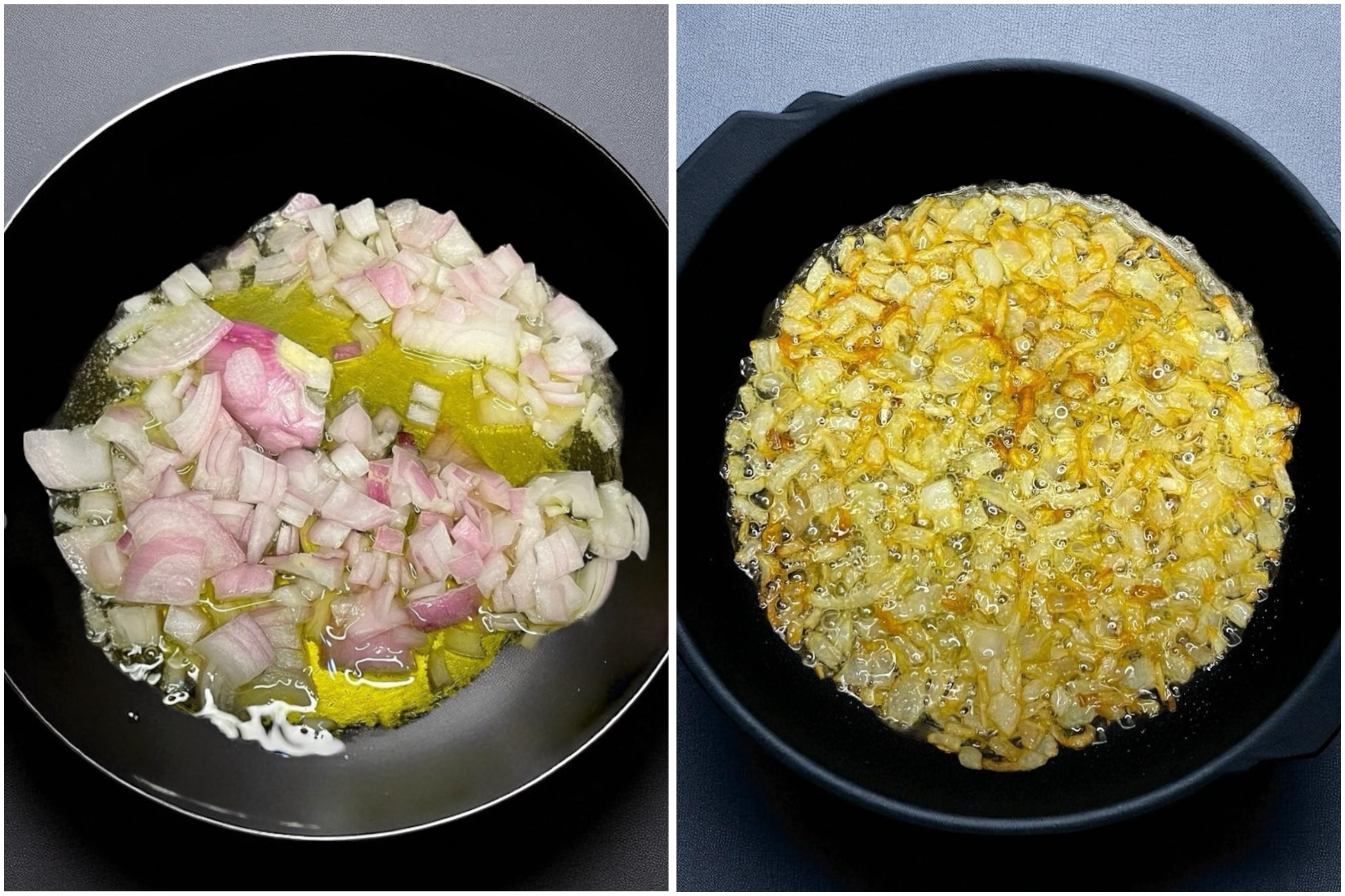 A black frying pan with lightly golden sautéed onions showcasing the cooking process of Chana Masala.