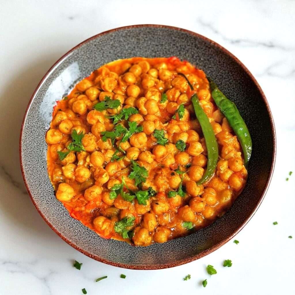 A bowl of chana masala (chickpea curry) arranged in ceramic bowl, garnished with cilantro and green chilies, served on a white marble surface.