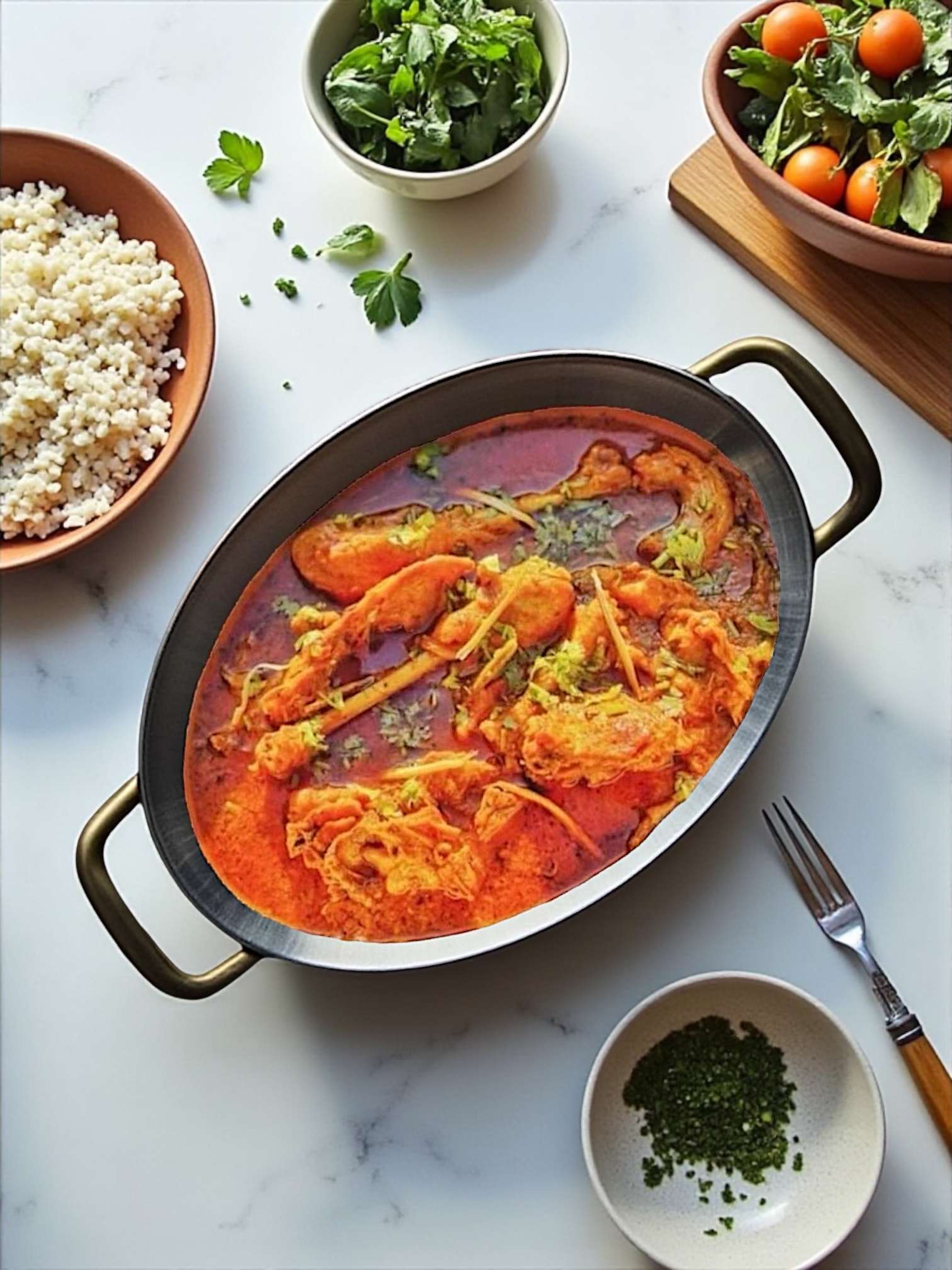 Desi Chicken Curry served in black dish garnished with cilantro, placed on marble countertop.