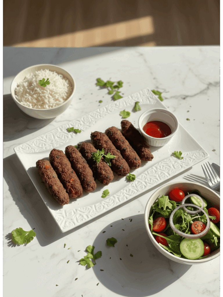 Beef seekh kebabs garnished with cilantro on a white plate, accompanied by a bowl of red dipping sauce, fluffy white rice in the top left, and a fresh salad, all on a white marble surface.