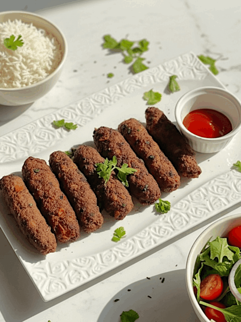 Beef seekh kebabs garnished with cilantro on a white plate, accompanied by a bowl of ketchup, fluffy white rice, all on a white marble surface.