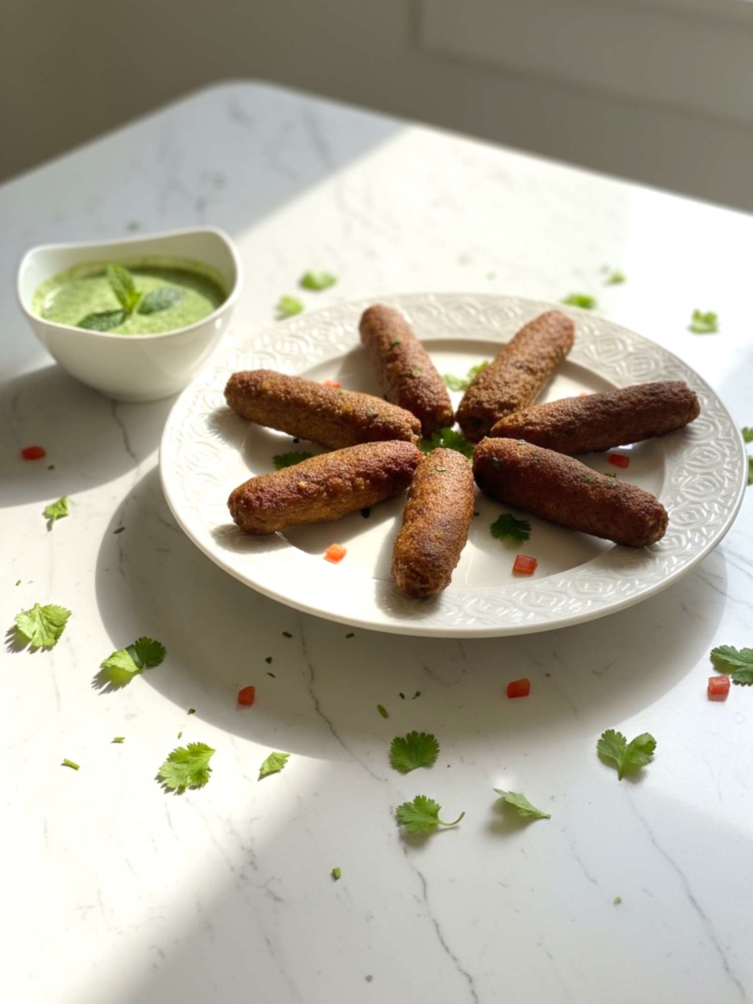 Beef seekh kebabs garnished with cilantro on a white plate, accompanied by a mint sauce, all on a white marble surface.