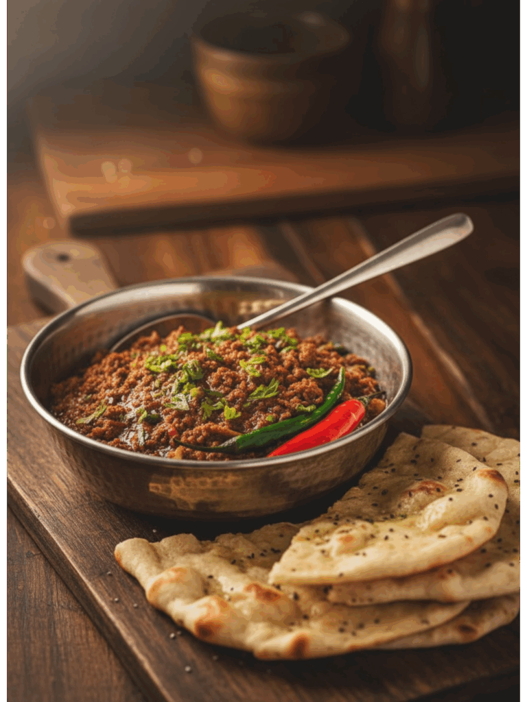 Mutton Keema curry arranged in silver pot garnished with fresh cilantro served with naan placed on wooden table.  