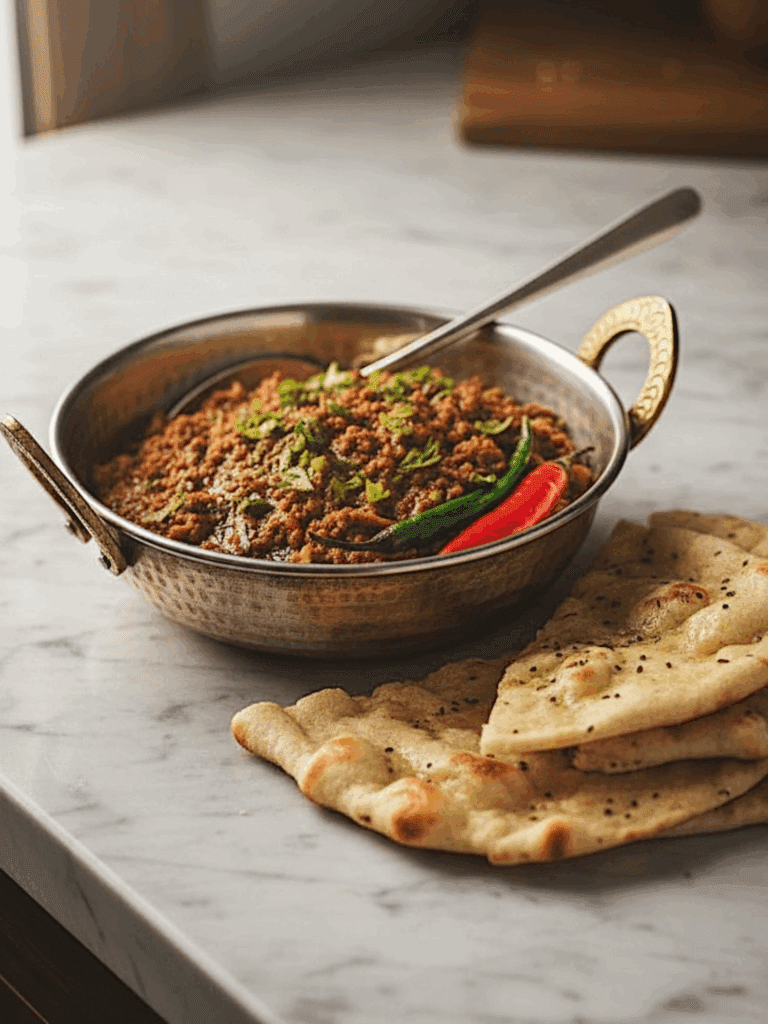 Mutton Keema curry arranged in silver pot garnished with fresh cilantro placed on marble countertop.  