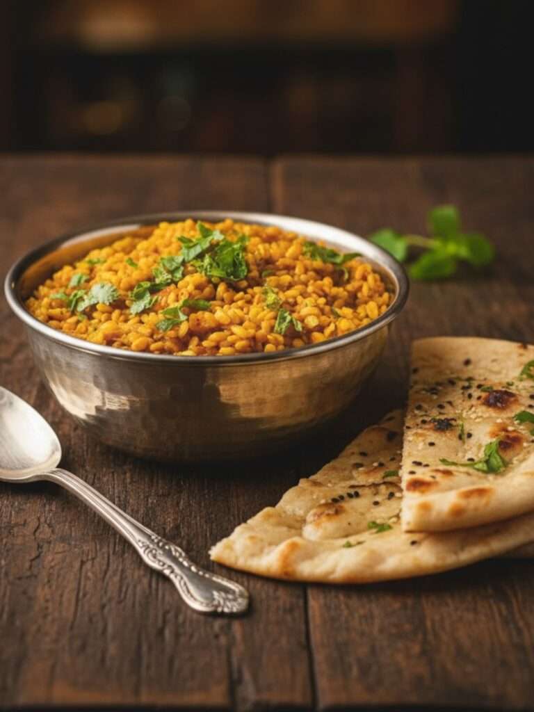 A bowl of daal mash garnished with fresh cilantro, accompanied by naan bread, all presented on a wooden surface with a spoon beside bowl.