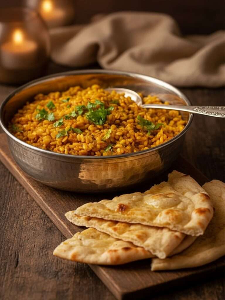 A bowl of daal mash garnished with fresh cilantro, accompanied by naan bread, all presented on a wooden surface with a spoon in the bowl.