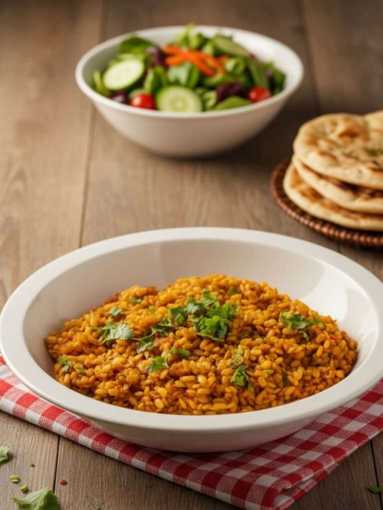 A cozy meal featuring a bowl of vibrant daal mash garnished with cilantro, a colorful salad, and a basket of flatbreads on a wooden table.
