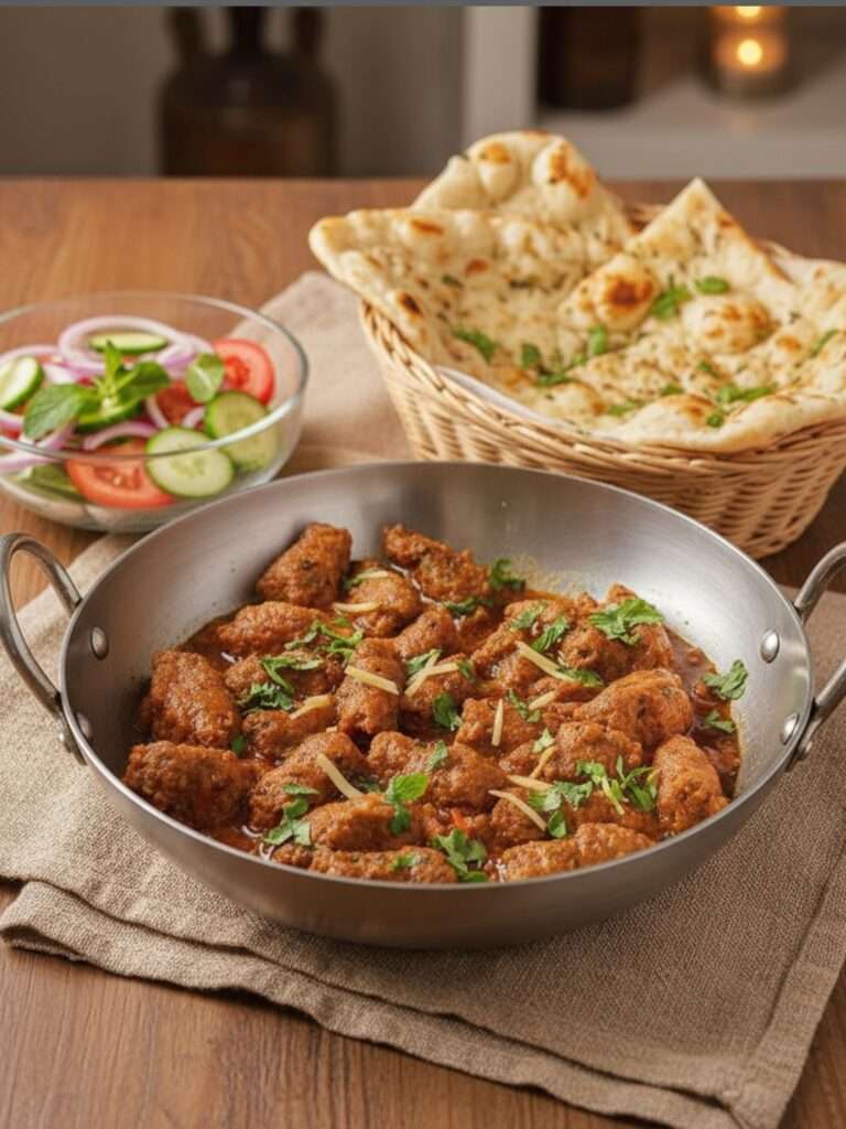 Seekh Kabab Karahi arranged in silver serving wok, along with side of fresh naan basket and salad bowl, placed on marble surface.