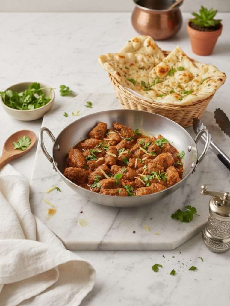 Seekh Kabab Karahi arranged in silver serving wok, along with side of fresh naan basket and green chutney, placed on marble surface.