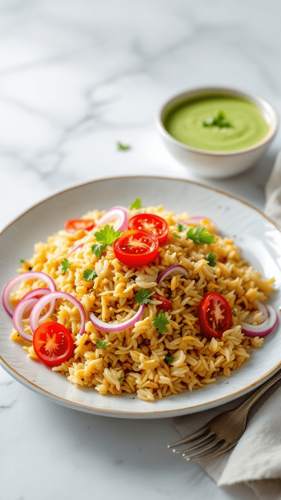 chicken pulao arranged in a ceramic dinner plate, garnished with fresh herbs. accompined by a side of onion rings and tomatoes, and a bowl of creamy green sauces in the background. placed on marble surafce.