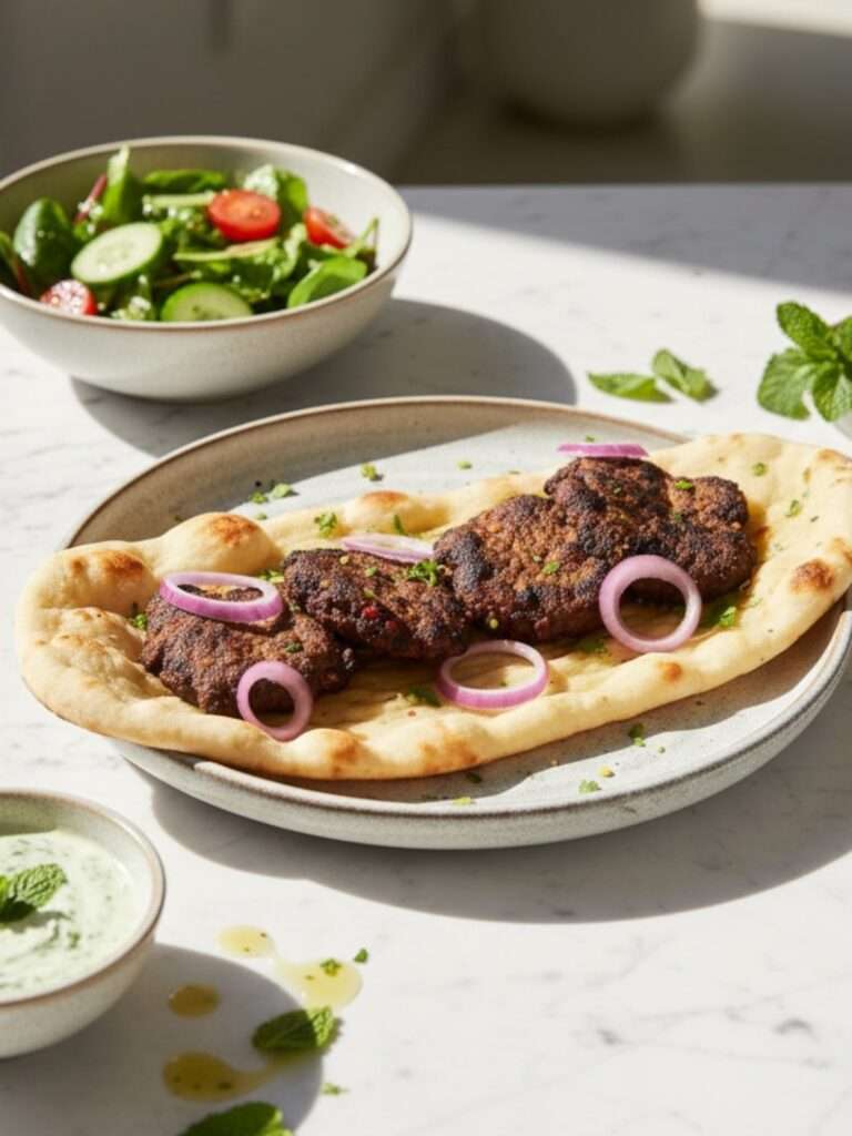 Chapli Kabab arranged in ceramic platter over naan, along with a side of mint chutney and chopped salad, garnished with onion rings, placed on marble countertop.