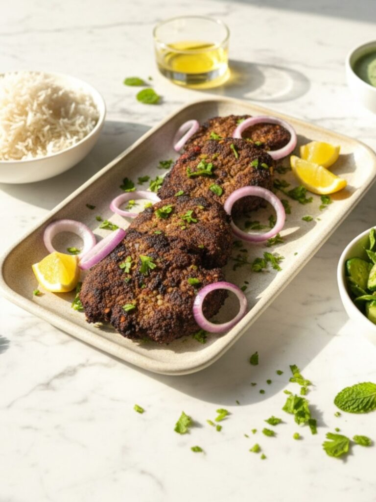 Chapli Kabab arranged in ceramic platter, along with a side of mint chutney and rice bowl, garnished with onion rings and lemon wedges, placed on marble countertop.