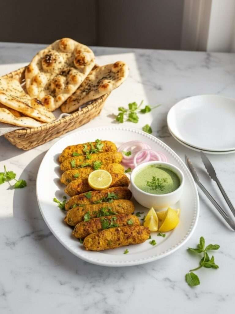 chicken seekh kabab arranged in a white platter, along with a side of mint chutney and red onion rings, garnished with cilantro, placed on marble surface. A fresh naan basket is present in the picture and a tong, beside kabab platter.