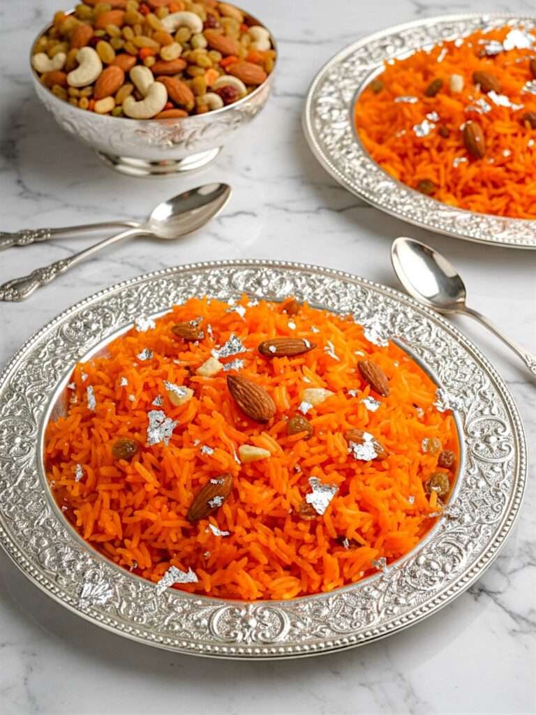 Zarda rice garnished with nuts and silver paper, arranged in royal silver dish, placed on marble surface.