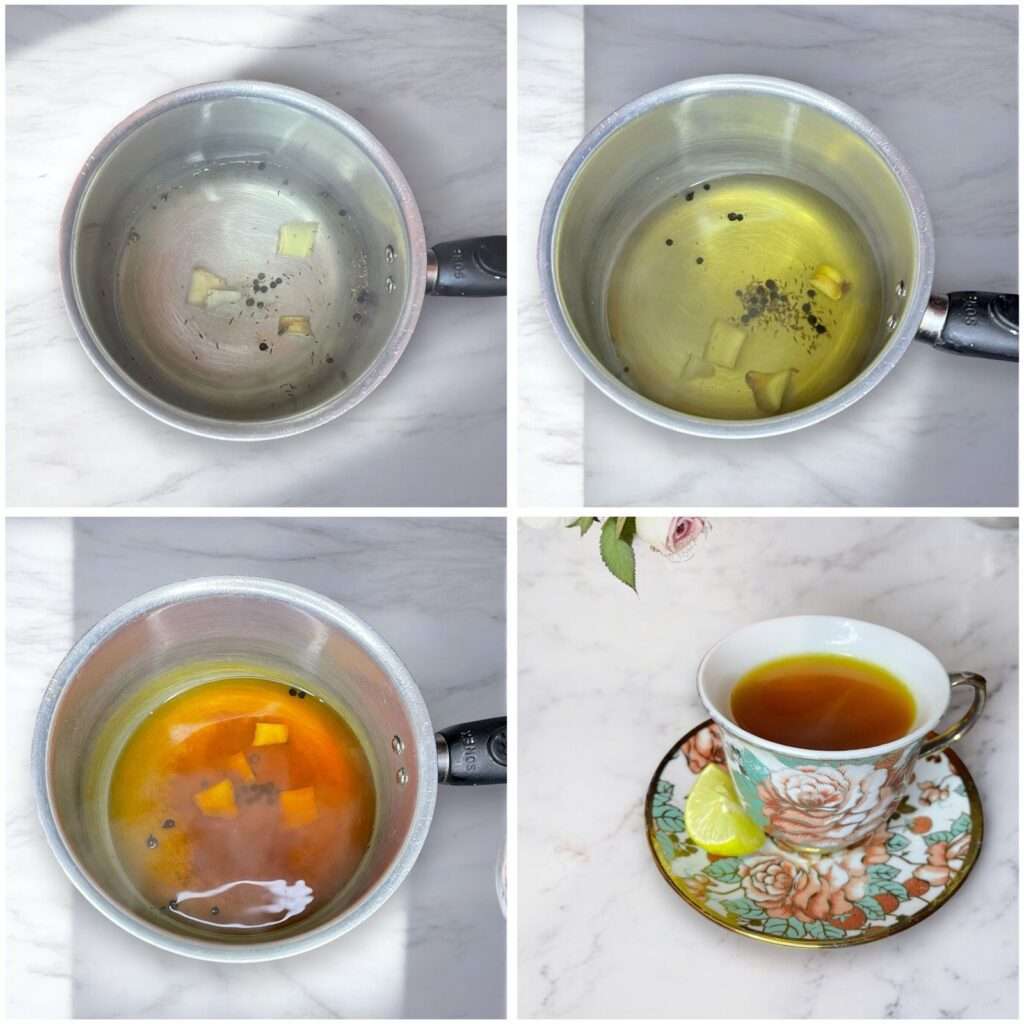 lemon ginger turmeric tea arranged in a floral cup placed on neutral linen