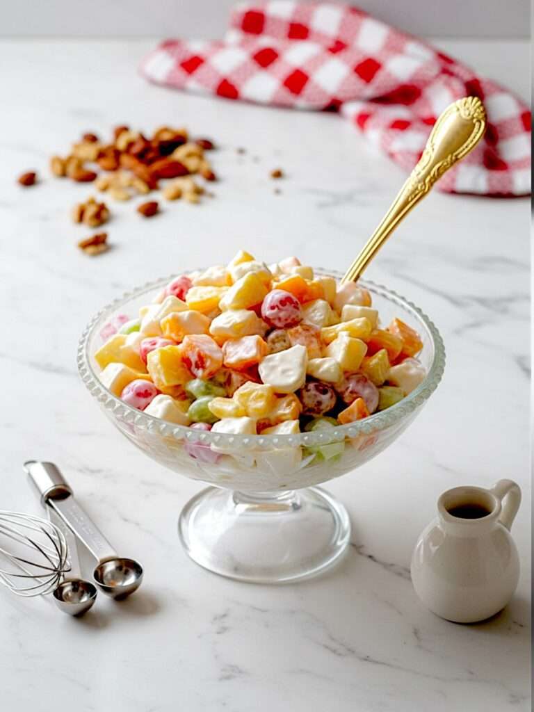 Cream fruit chaat arranged in dessert bowl, placed on messy marble surface, milk pot and a hint of red white check kitchen cloth placed in the background.
