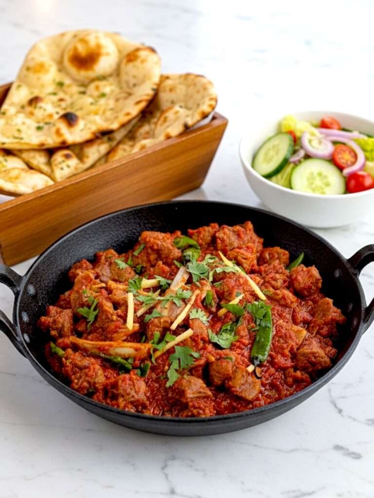 Authentic Mutton Karahi arranged in black wok, garnished with chopped cilantro and sliced green chillies, along with a side of fresh naan basket and salad, placed on marble surface.