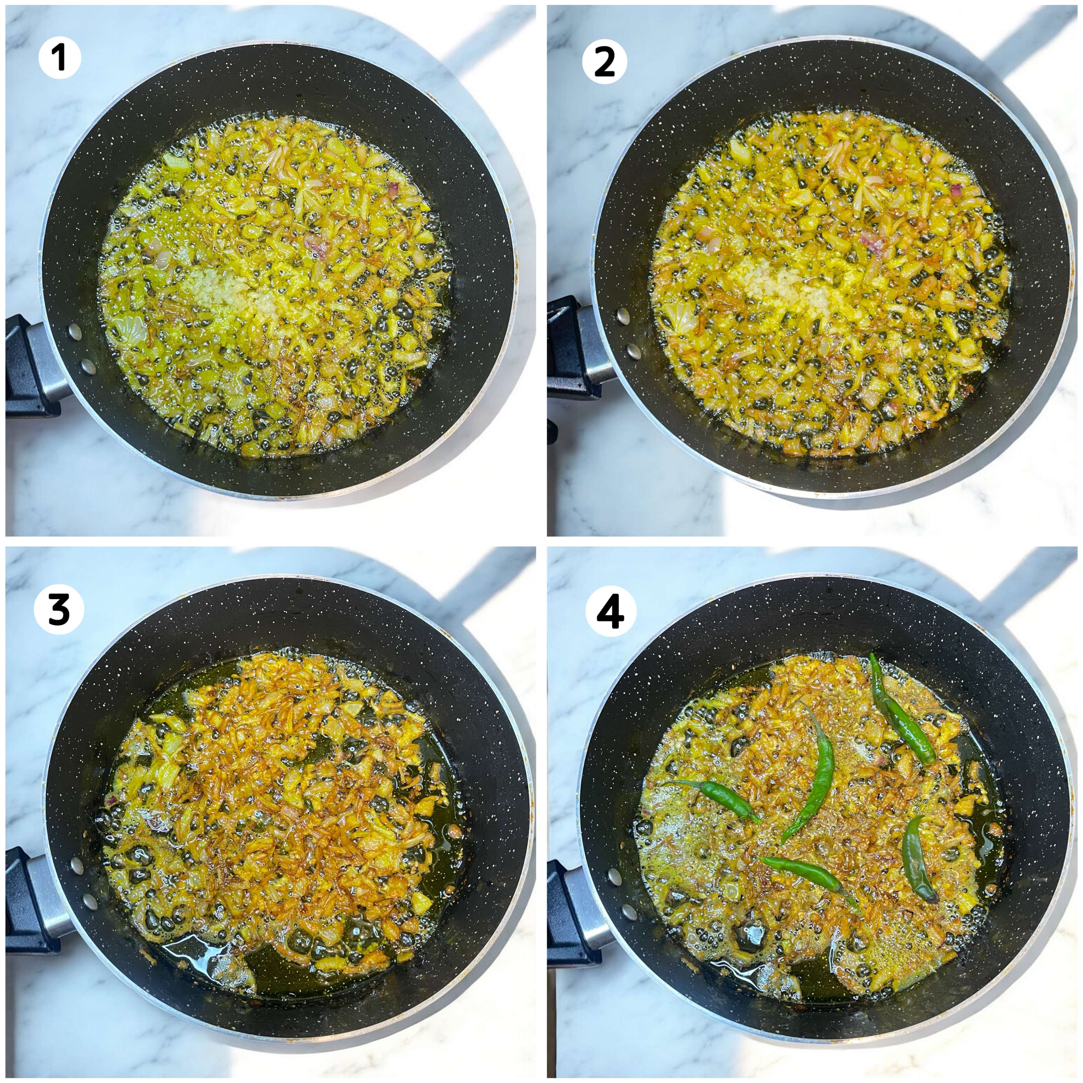 Moong masoor dal tempering being cooked on stove top arranged in black pan.