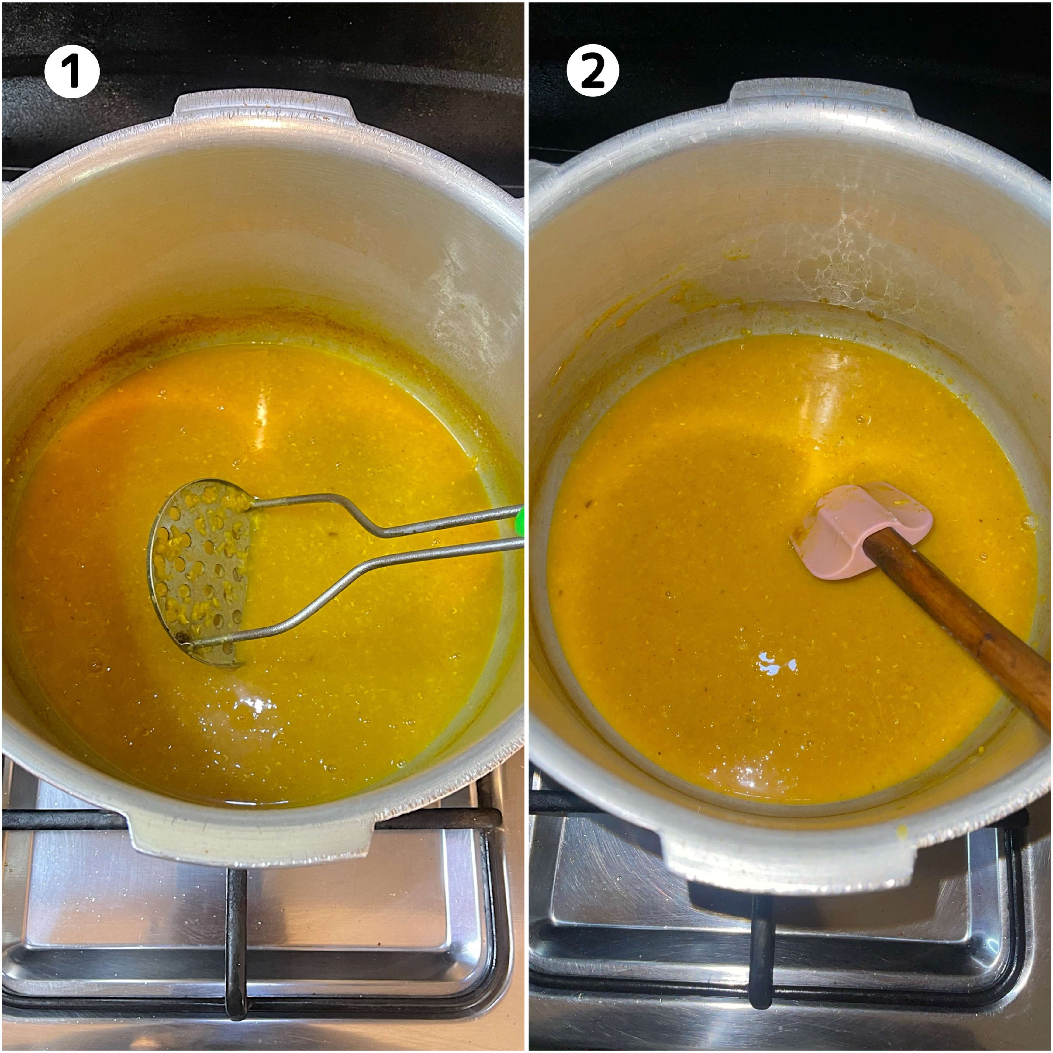 Moong masoor dal being cooked in silver pan placed on stove top.