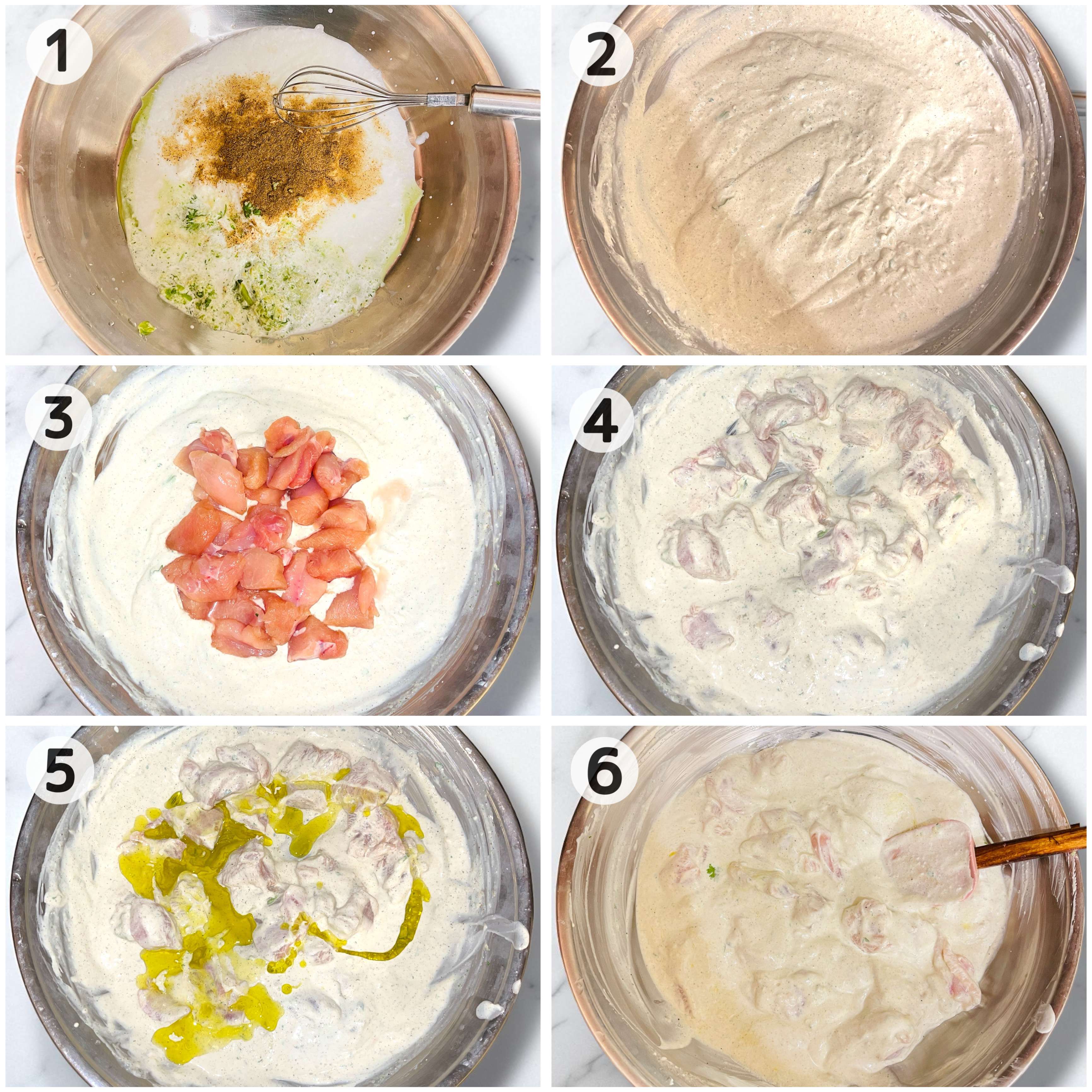 A step-by-step collage illustrating the preparation of chicken malai tikka. 
