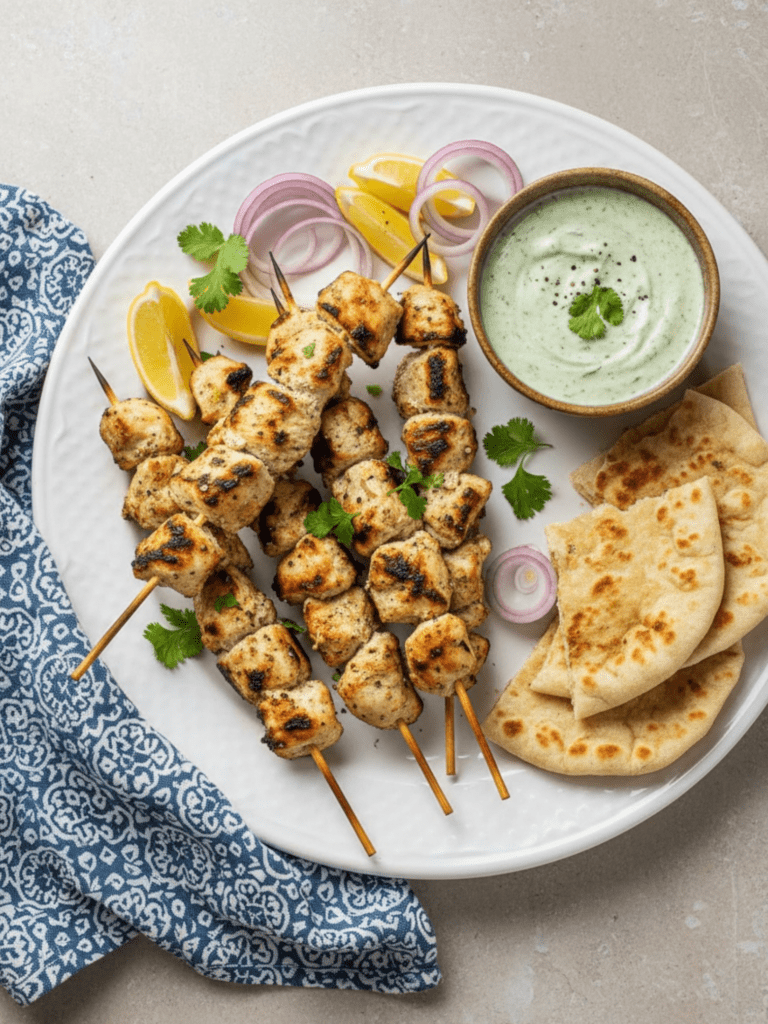 Chicken malai tikka arranged in white platter, along with a side of fresh naan and mint chutney, some onion rings and lemon wedges, placed on marble surface.