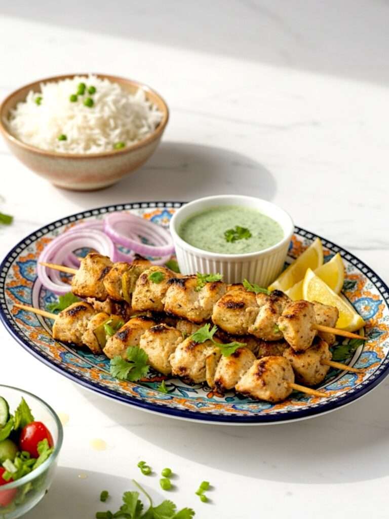 Chicken malai tikka boti arranged in ceramic platter, along side sliced onion rings and bowl