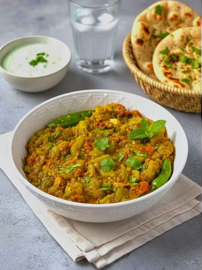 Turai sabzi arranged in ceramic bowl, along with a side of salad and mint chutney, placed on marble surface.