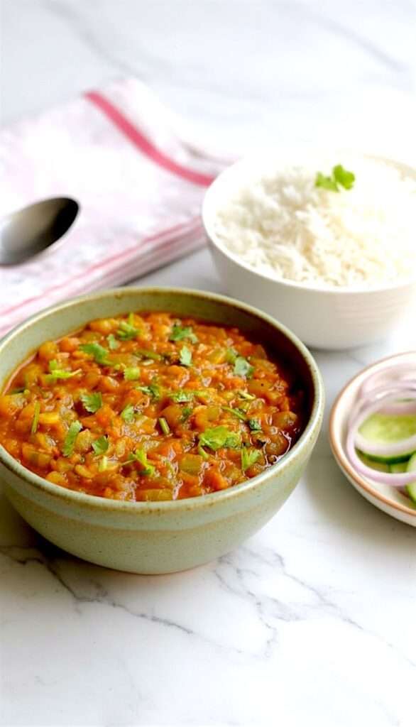 turai (ridge gourd curry) arranged in ceramic bowl, along with a side of fresh salad and rice bowl, placed on marble surface.