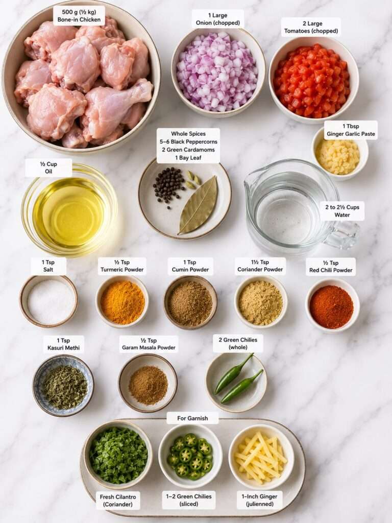 Ingredients for Pakistani chicken curry arranged on a white marble surface with labeled spices, chicken, onions, tomatoes, oil, and fresh herbs.