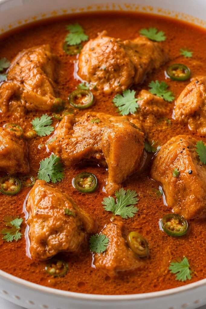 Close-up of Pakistani chicken curry with tender chicken pieces in rich spicy gravy.