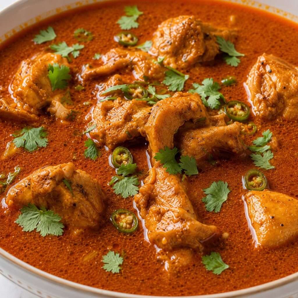 Macro shot of homemade Pakistani chicken curry with bone-in chicken and aromatic red gravy.
