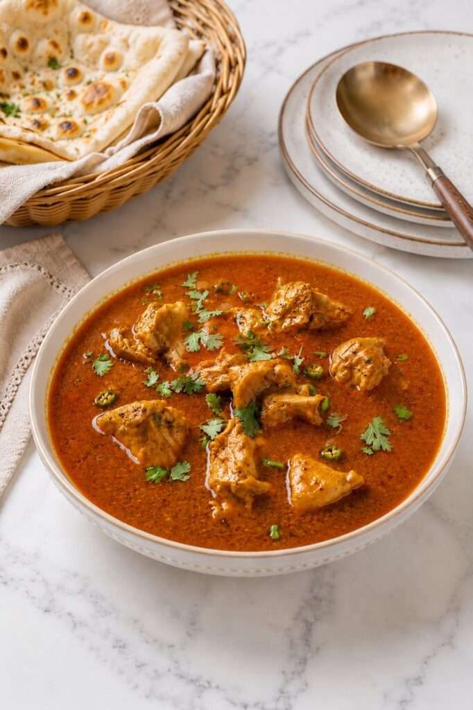 Pakistani chicken curry served with naan bread on a white marble table.