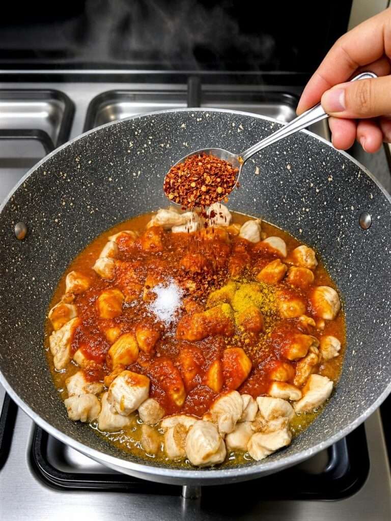 Spices and chili flakes being added to tomato chicken curry