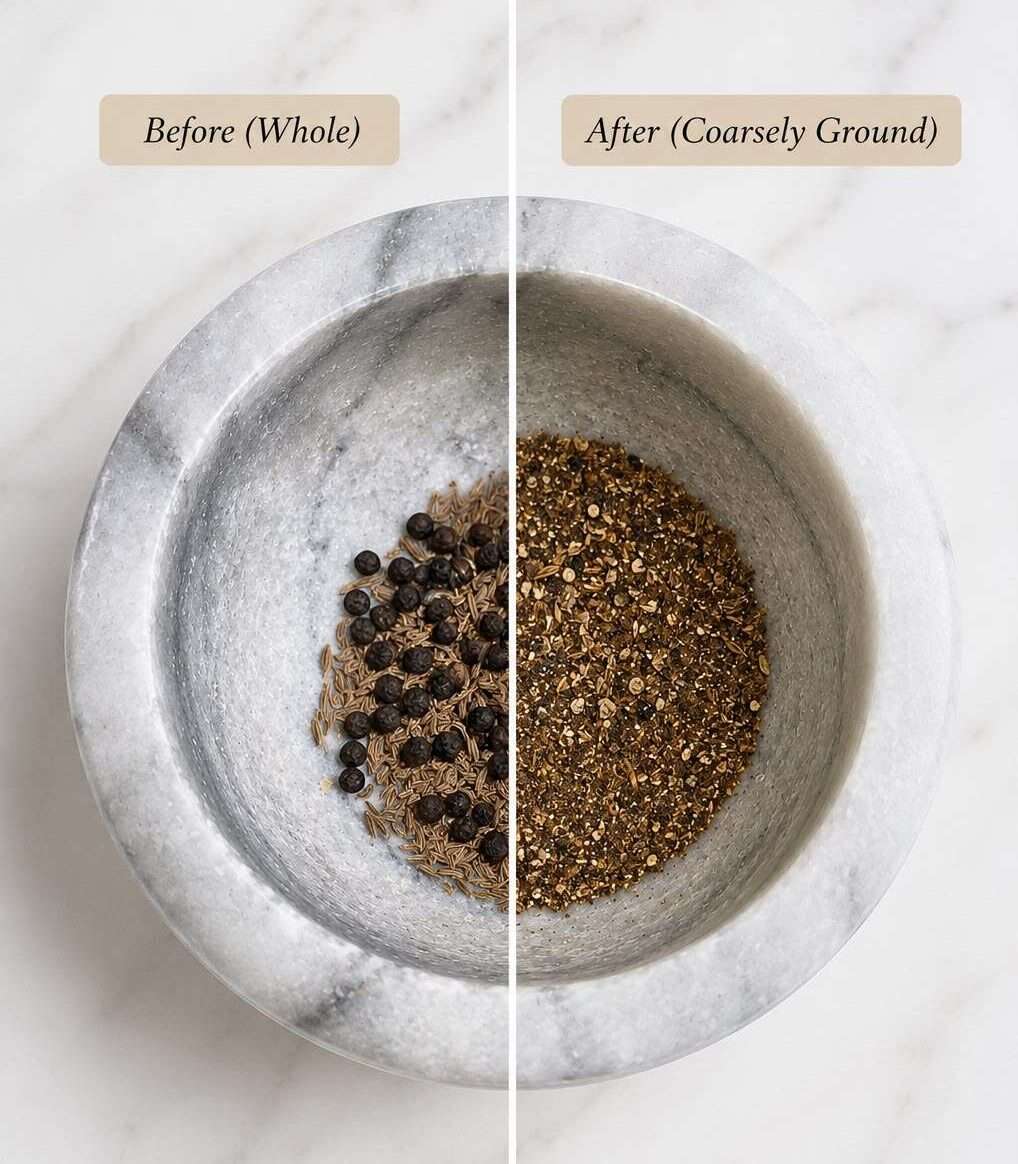 Whole cumin seeds and black peppercorns before and after coarse grinding