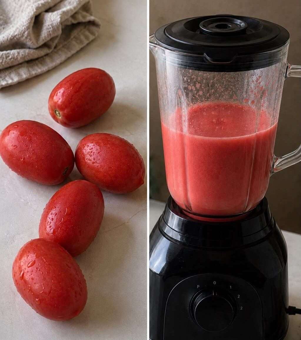 Fresh tomatoes being blended into a smooth tomato puree