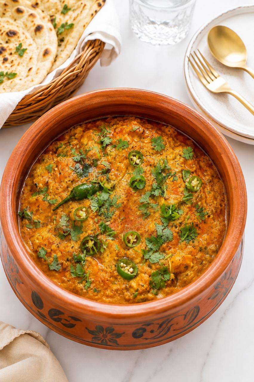 Chicken handi served in a clay pot along side a naan basket