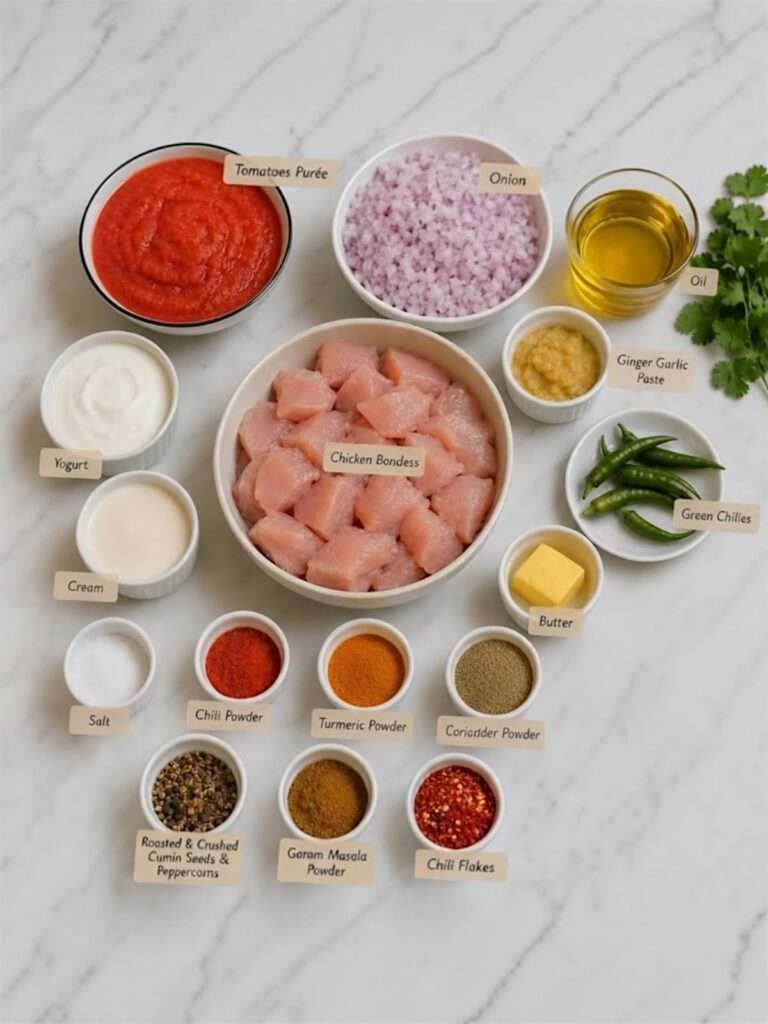 Ingredients for chicken handi including boneless chicken, tomato puree, onion, yogurt, cream, green chilies, butter and spices.