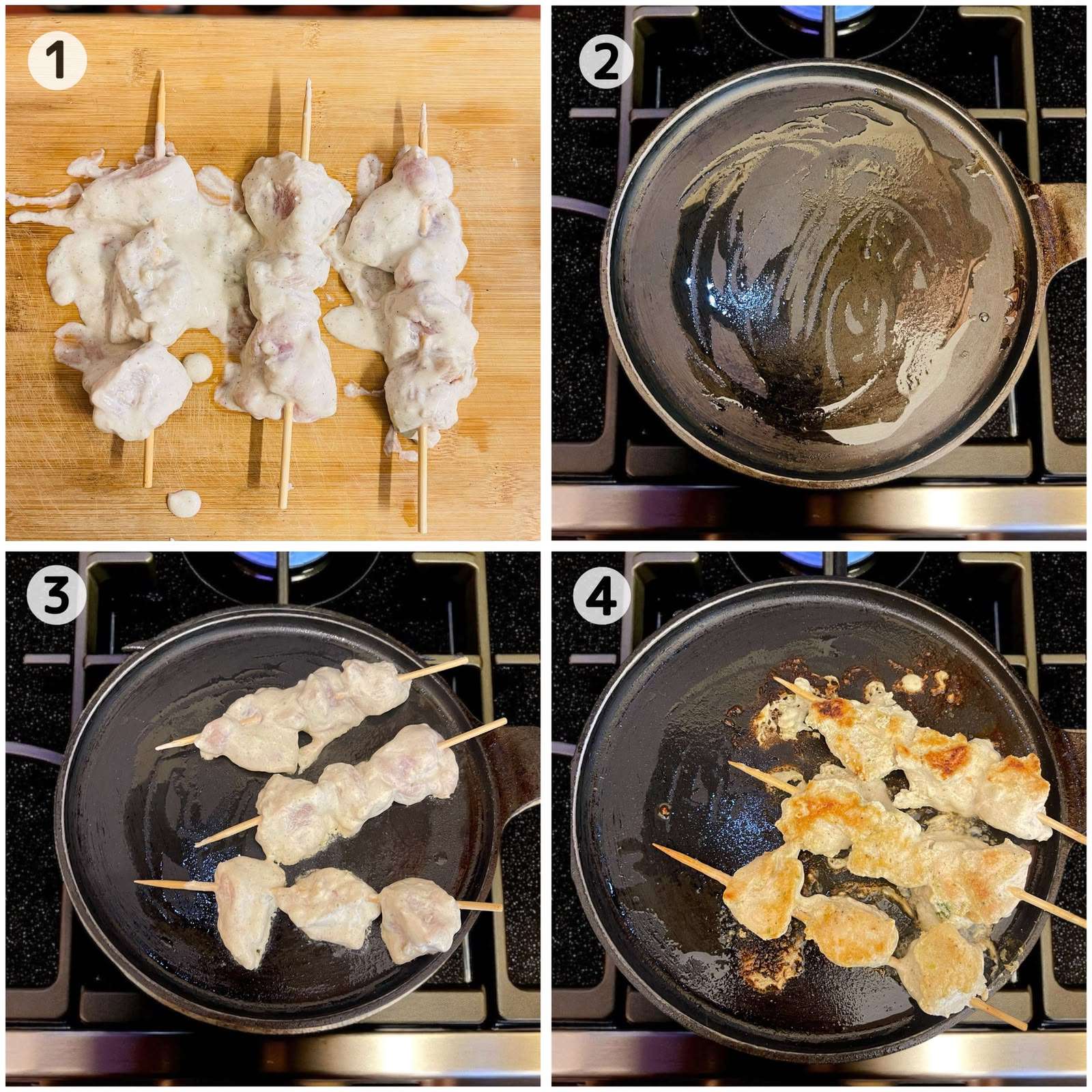 Step-by-step photos showing Chicken Malai Tikka cooking in a skillet.