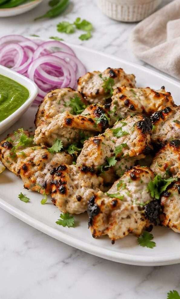 Chicken Malai Tikka served with mint chutney and onion rings on a marble countertop.