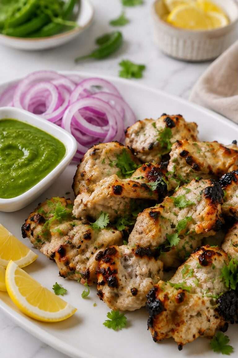 Close-up of juicy Chicken Malai Tikka with creamy coating and charred edges. Along with a side of green chutney and thinly sliced onion rings.