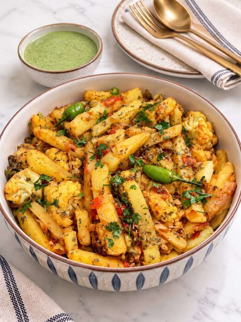 Homemade aloo gobi with potatoes and cauliflower garnished with cilantro and green chilies