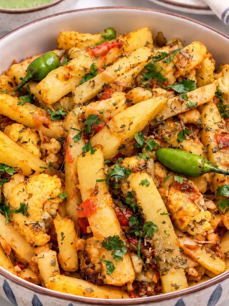 Aloo gobi with golden potatoes, cauliflower, tomatoes, green chilies and fresh cilantro