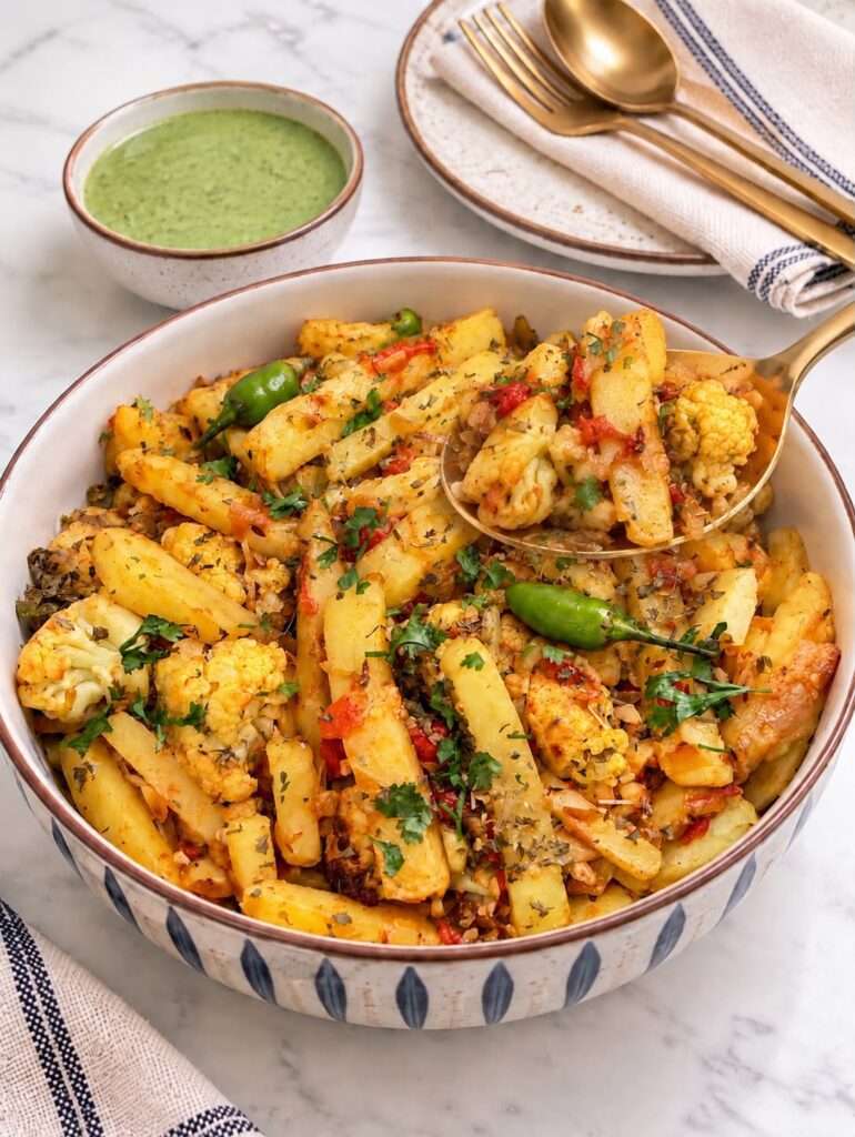 Aloo gobi served in a ceramic bowl with a spoon, fresh cilantro and green chilies