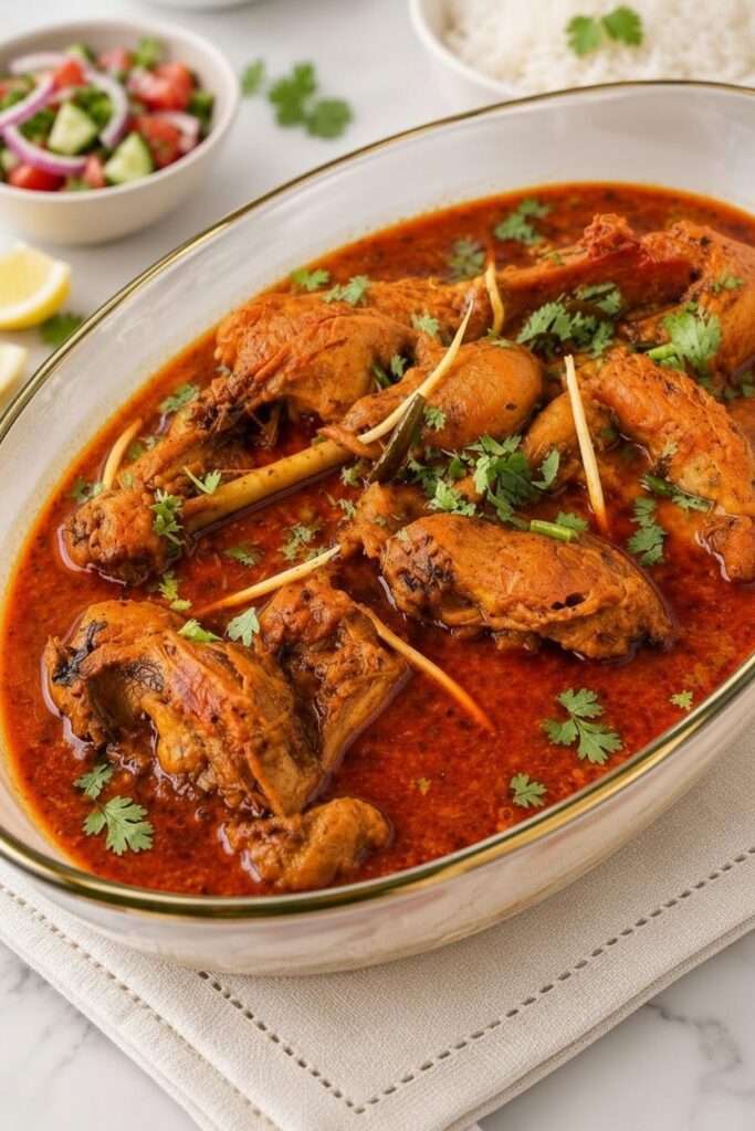 Desi chicken curry served with white rice and fresh cucumber tomato salad