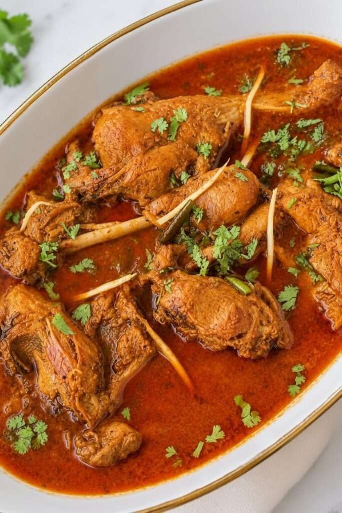 Desi chicken curry with tender chicken pieces, red gravy, green chilies, ginger, and fresh cilantro