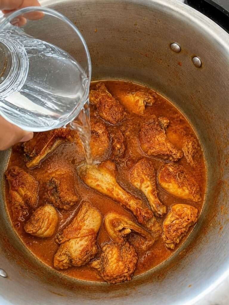 Water being added to spiced chicken curry in a cooking pot