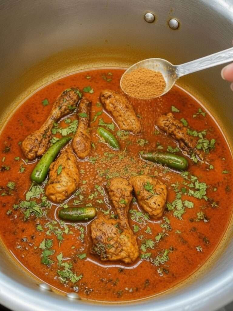 Cooked chicken curry being finished with ground spices, green chilies, and fresh cilantro