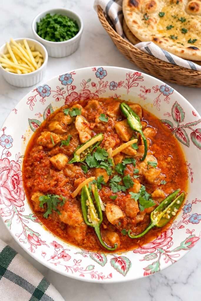 Chicken ginger curry served with naan, fresh cilantro, green chilies, and julienned ginger