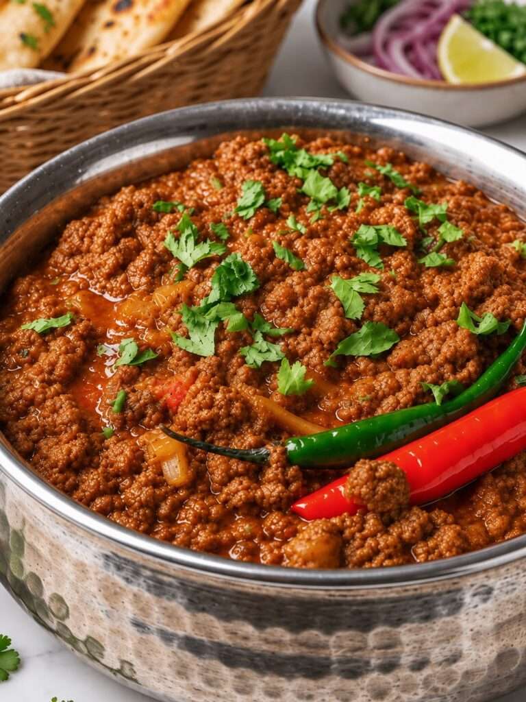 Keema curry served with naan, green chilies and fresh coriand